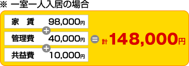 ※一室一人入居の場合　家賃98,000円　+　管理費40,000円　+　共益金10,000円　=　計148,000円